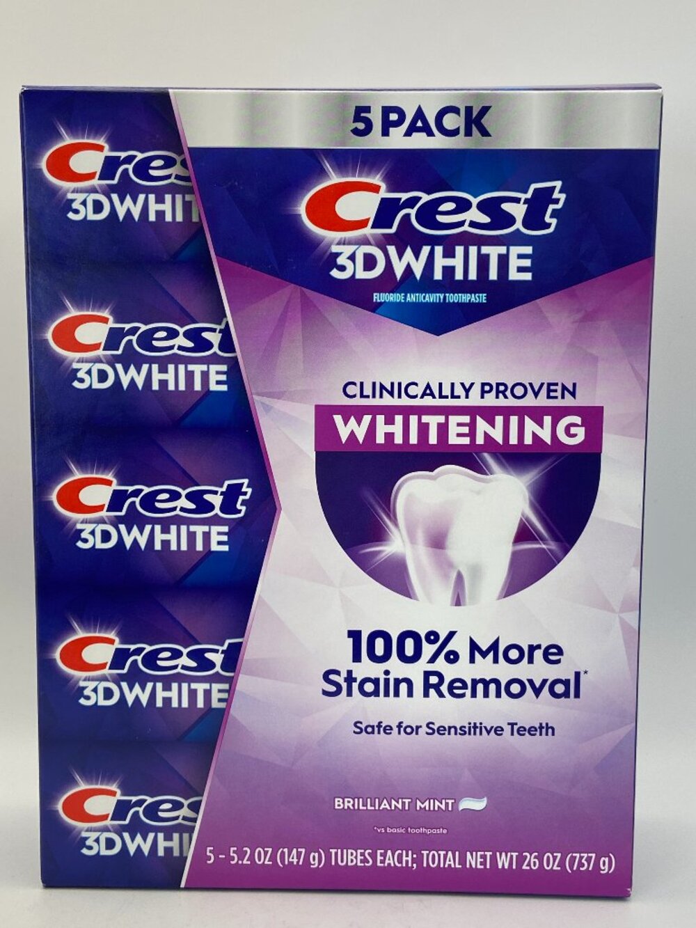 Crest 3D White Brilliant Mint Toothpaste (5 Pack, 5.2 oz Each - Total 26 oz)